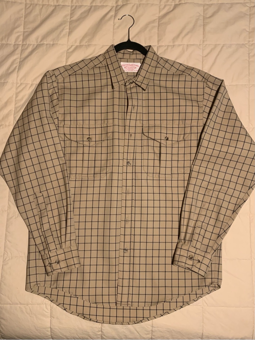 VTG CC Filson Mens Khaki Plaid Windowpane check 100% Virgin Wool Flannel Shirt